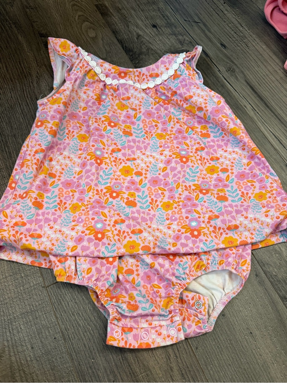 Cheeky Plum Floral Bubble Romper 2T Pink Orange Lace Trim Snap Bottom